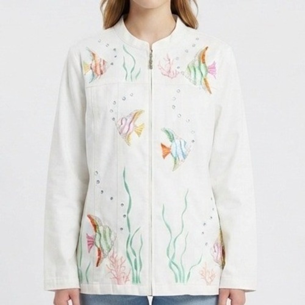 Quacker Factory Zip Front Jacket Womens Medium White Embroidered Embellished